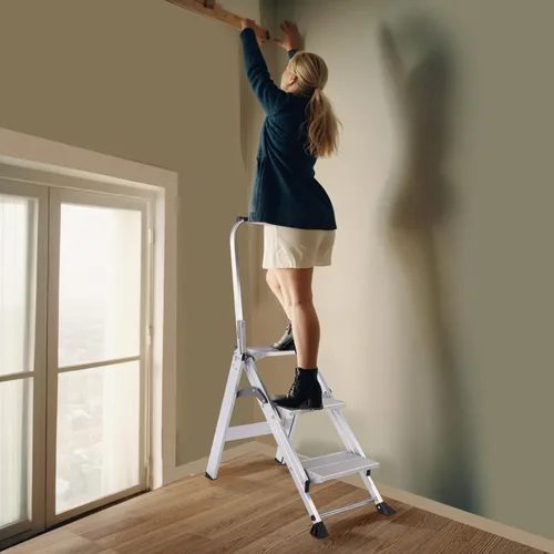 Vista 7 de Yvan Step Ladder Pro con plataforma de herramientas, taburete plegable de aluminio de 3 escalones con pedal ancho antideslizante, patas de goma