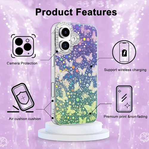 Vista 529 de I-MGAE-IN-AR - Funda diseñada para iPhone 12 y 12 Pro, diseño de mariposa plateada brillante, funda protectora de poliuretano termoplástico, suave