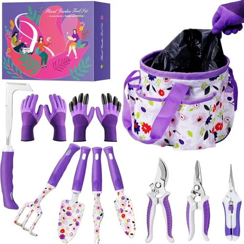 Juego de herramientas de jardín moradas florales, regalos de jardinería para mujeres, juego de tijeras de podar de jardín, kit de herramientas de