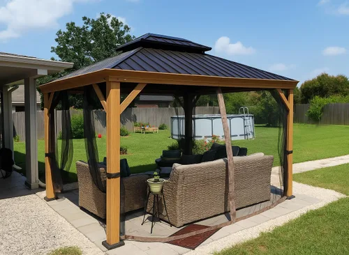 Kozyard Apollo - Cenador de techo rígido de 10 x 12 pies, toldo con marco de aluminio recubierto de madera con doble techo de acero galvanizado,