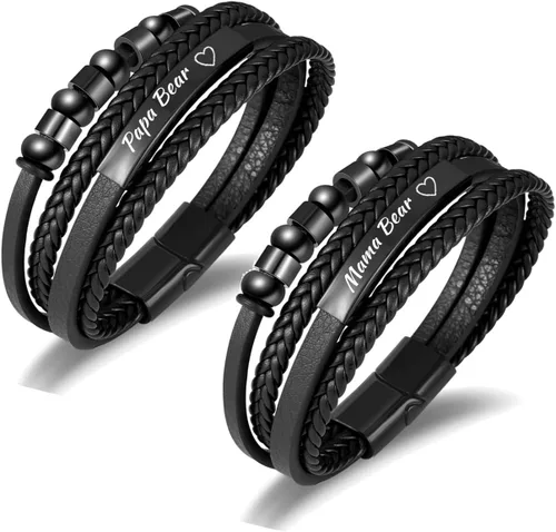 Vista 10 de Pulseras táctiles personalizadas de larga distancia para parejas, pulseras de amor tejidas de cuero negro de múltiples capas Joyas a juego