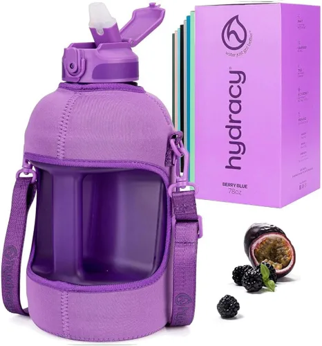 Vista 29 de Hydracy Botella de agua con horas para beber marcadas, grande, sin bisfenol A, a prueba de fugas, funda anticondensación, para gimnasio, con colador