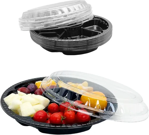 Vista 8 de 12 bandejas desechables para frutas, bandeja redonda de plástico para servir aperitivos con tapa, 5 compartimentos, platos de fiesta, recipientes