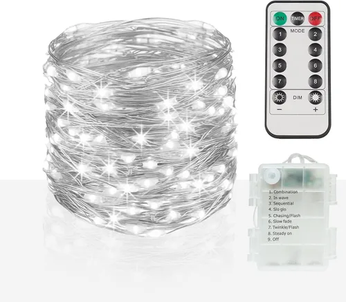 suddus Tira de 200 luces LED para exteriores, 66 pies, guirnalda de luces blancas, funciona con pilas, con control remoto, dormitorio, patio, boda,