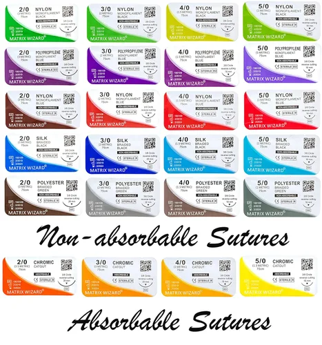 Vista 2 de Hilo de suturas mixtas con aguja (absorbible: catgut cromático; no absorbible: nailon, seda, poliéster, polipropileno) - Kit de práctica de heridas