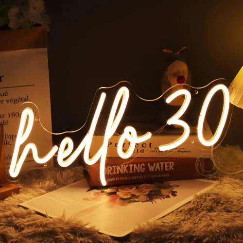 Vista 5 de SYLHOME Letrero de luz LED de neón con texto en inglés "Hello 30 Thirty Years Old Warm White Hello 30 Thirty Years Old ", para fiesta de cumpleaños