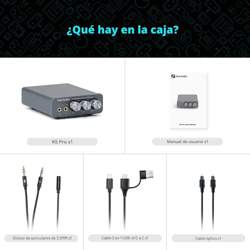 Vista 8 de Fosi Audio K5 Pro Gaming DAC Amplificador de Auriculares Mini Hi-Fi Convertidor de Audio Digital a Analógico Estéreo USB Tipo C/Óptico/Coaxial a