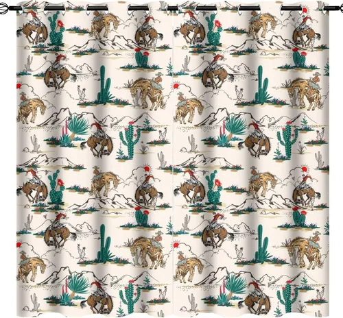Vista 34 de Cortinas opacas retro de vaquero occidental para dormitorio, estilo rústico, cactus, salvaje oeste, vaquero, paseo, caballo, con ojales, aislamiento
