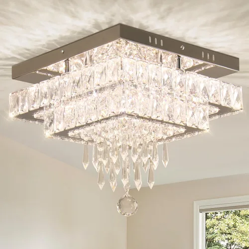 Vista 15 de Finktonglan Lámpara de techo LED cuadrada de cristal de 13 pulgadas, candelabros modernos con cristal multicapa, luces de techo empotradas