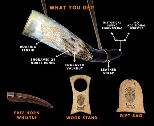 Vista 3 de Juego de cuerno de soplado rústico vikingo con soporte de madera y silbato, decoración de estilo tribal auténtico e instrumento de trompeta