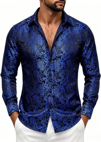 Vista 32 de DiBanGu Camisa de vestir de paisley de seda para hombre, formal, de manga larga, con cuello abotonado, camisas informales para fiesta de boda Negro