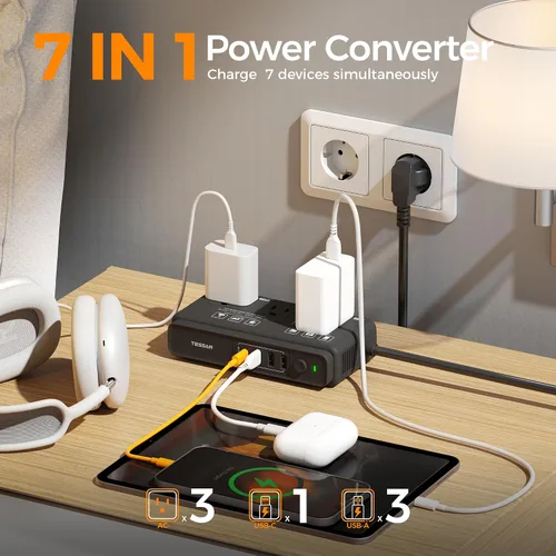 Vista 5 de TESSAN Adaptador de viaje universal con salida de CA dual (tipo C G A I) y convertidor de voltaje de 220 V a 110 V con 4 puertos USB (1 USB C), 3