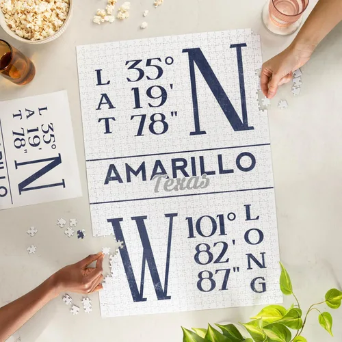 Vista 2 de Amarillo, Texas, Latitude and Longitude (Blue) (1000 Piece Puzzle, Challenging Jigsaw Puzzle for Adults, Made in USA)