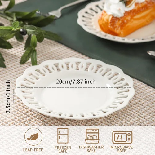 Vista 4 de fMBB Plato redondo para aperitivos con borde festoneado de encaje, juego de 4, platos de postre de cerámica blanca de 8 pulgadas, pequeños