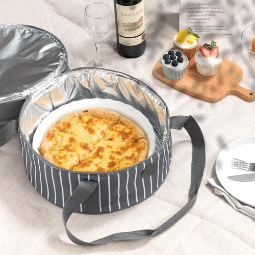 Vista 6 de Bolsa de transporte aislada Fun Elements para comida caliente o fría, porta tartas de 12.5 pulgadas con tapa y asa, contenedor de alimentos redondo