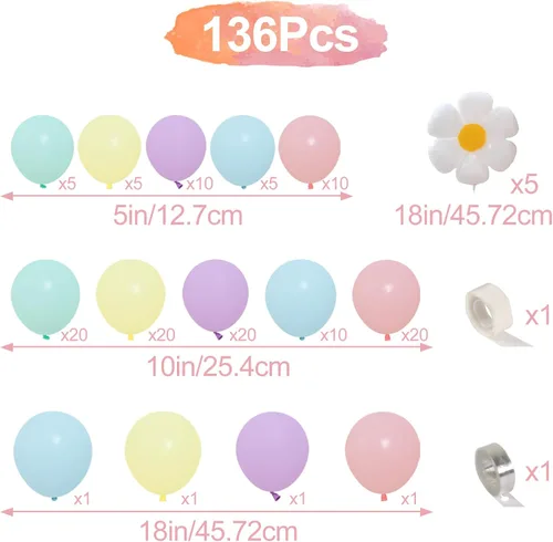 Vista 2 de Netnology - Kit de arco de globos de margarita, 136 piezas, kit de guirnalda de globos arcoíris pastel Macaron Pink Yellow Blue Purple Balloons