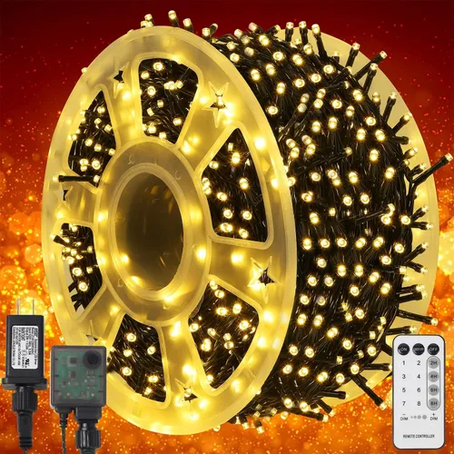 WATERGLIDE Guirnalda de 1000 luces LED de Navidad, 328 pies, cable verde, luces LED decorativas con control remoto y 8 modos, impermeable para