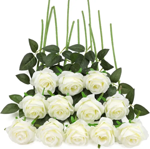 Vista 9 de Rosas Blancas Falsas Flores Artificiales - 16 Piezas Rosas Falsas Artificiales Flores de Seda con Tallos para Decoración de Centro de Mesa de Hogar