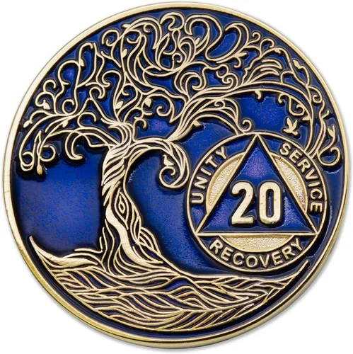 Vista 279 de 1 año Sobriety Mint Twisted Tree of Life Medallón de recuperación AA chapado en oro, chip/ficha - negro