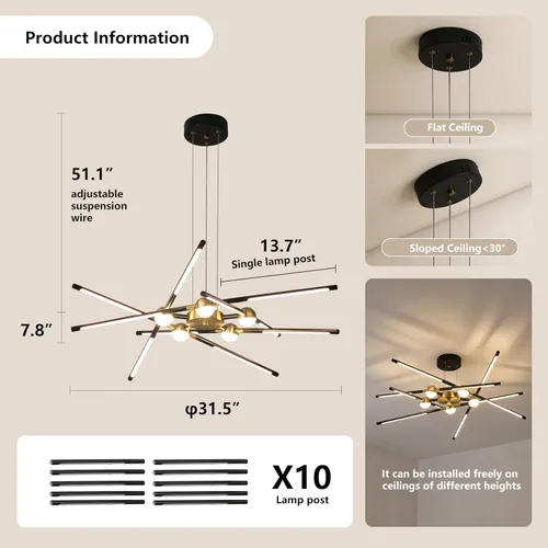 Vista 6 de Candelabro negro moderno, lámpara Sputnik con 10 luces, regulable, enchufable, lámpara de techo colgante incrustada, lámpara colgante LED dorada