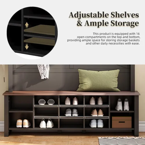 Vista 6 de VilroCaz Versátil árbol de pasillo 4 en 1 con 6 ganchos, práctico banco de entrada de nogal con estantes ajustables, zapatero de madera con 16