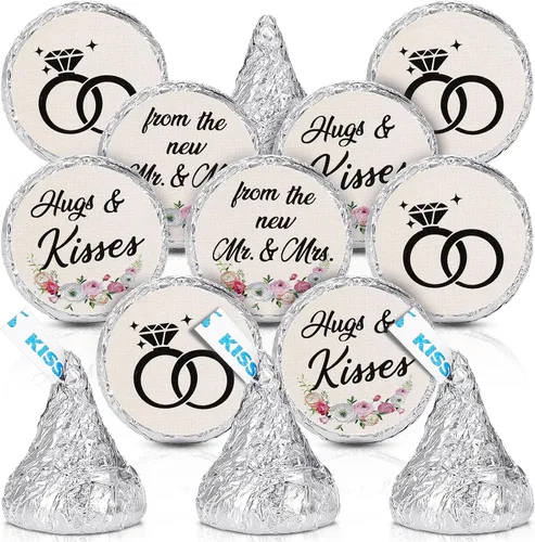 Laumoi 1000 piezas Abrazos y besos de los nuevos Sr. y Sra. Adhesivos para boda, etiquetas de gotas de chocolate, etiquetas de caramelo de 1.9 cm