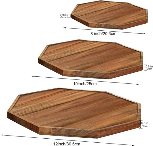 Vista 2 de Juego de 3 bandejas de madera de acacia, platos octogonales de madera para verduras, frutas, tablas de embutidos, platos de té de queso y café