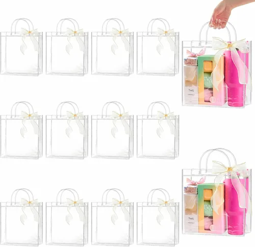 Vista 11 de Ohuimrt 20 bolsas de regalo de plástico transparente con asas, bolsas de recuerdo para fiestas reutilizables con cinta, bolsas de regalo