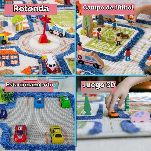 Vista 5 de IVI Alfombra de juego gruesa 3D para niños con diseño de ciudad colorida con campo de fútbol, estacionamiento y carreteras, azul, 32 x 45 pulgadas