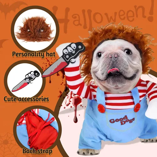 Vista 5 de Disfraz de muñeca mortal para perro, novedoso disfraz de Halloween y Navidad, trajes divertidos de cosplay para perros, ropa linda para perros