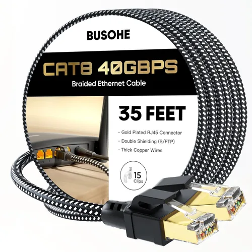 Vista 10 de BUSOHE Cable Ethernet Cat 8 de 1 pie, cable de red de internet trenzado de alta velocidad de 40 Gbps 2000 MHz con conector RJ45 chapado en oro