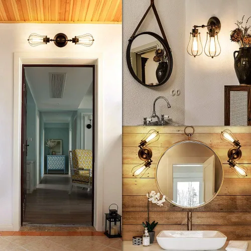 Vista 2 de Luling Aplique industrial de pared antiguo loft, luces de pared antiguas, jaula de alambre, enchufe ajustable Edison vintage de metal retro bronce