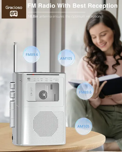 Vista 5 de Gracioso Reproductor de casete Bluetooth con transmisor Bluetooth, reproductor de casete AM FM con altavoz grande, conector para auriculares
