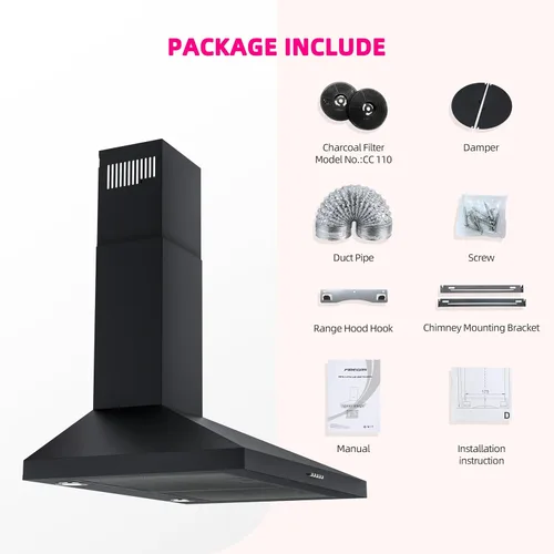 Vista 9 de FIREGAS Campana extractora negra de 30 pulgadas, campana de cocina de montaje en pared convertible con conductos/sin conductos, 450 CFM, extractor