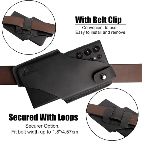 Vista 4 de Topstache Funda de cuero para teléfono con cierre magnético, funda con clip para cinturón para iPhone y Samsung, color negro, mediano