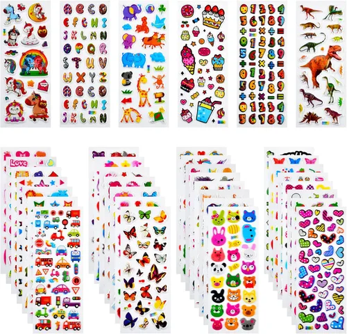 Habett - Calcomanías 3D para niños y niños pequeños, más de 920 calcomanías hinchadas 3D, 36 hojas diferentes que incluyen animales, letras,