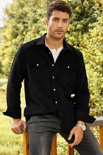 Vista 7 de JMIERR Camisas de pana con botones para hombre, chaqueta casual de manga larga con bolsillo de solapa