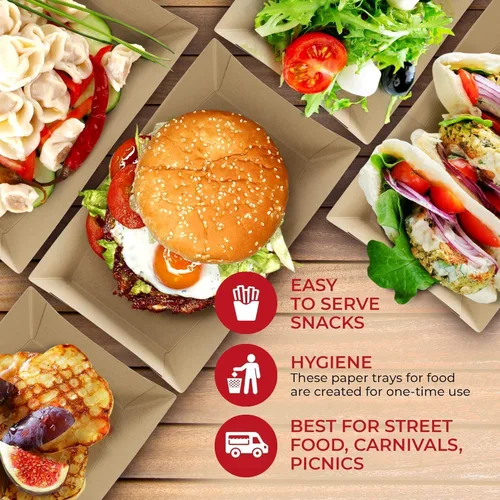 Vista 5 de SPARGOS Botes de comida de papel kraft de 3 libras (paquete de 125) – Bandejas desechables de color marrón rústico para bodas y embutidos – Cestas