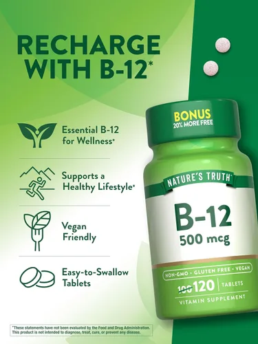 Vista 5 de Nature's Truth Vitamina B12 500 mcg 120 tabletas Suplemento vegano, sin OMG y sin gluten
