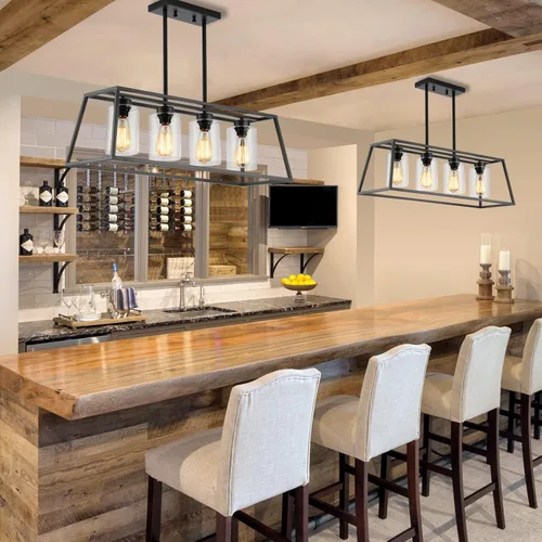 Vista 6 de Candelabros negros de granja para comedor, lámpara rústica de isla de cocina, lámpara colgante lineal de 4 luces, isla de cocina con pantalla