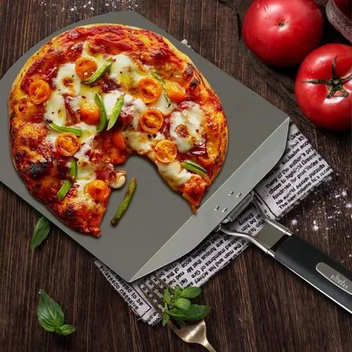 Vista 8 de Pizza Peel BIG HORN - Espátula de pizza de metal con mango de goma, espátula de pizza de acero inoxidable perforada