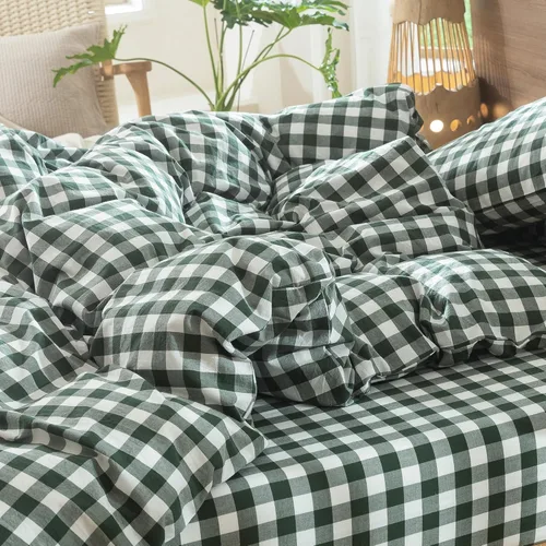 Vista 8 de MooMee Juego de funda de edredón a cuadros 100% algodón lavado con textura parecida al lino, transpirable, duradero, suave, cómodo, diseño moderno a