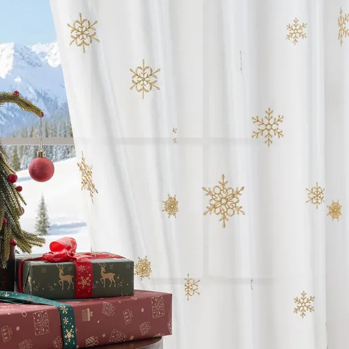Vista 10 de Cortinas de copos de nieve de Jinchan para sala de estar y dormitorio, azul con bordado, blancas, de 63 pulgadas de largo (160.02 cm), con pestaña