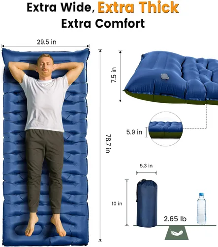 Vista 3 de Colchoneta de dormir para campamento, de 5.9 pulgadas de grosor, con almohada integrada y bomba de pie, almohadilla de dormir autoinflable