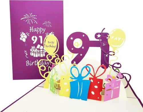 iGifts And Cards Tarjeta de felicitación emergente 3D de feliz cumpleaños 91 con regalos - Noventa y uno, increíble, globos, regalo único,