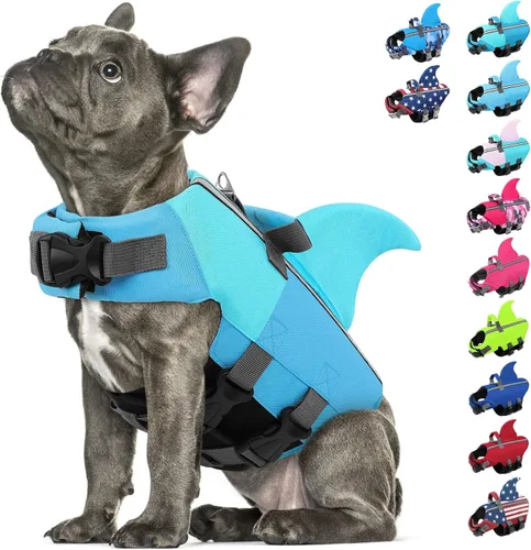 Vista 18 de Chaleco salvavidas para perros de tiburón, chaleco salvavidas ajustable con alta flotabilidad, salvavidas de seguridad con asa de rescate para Azul