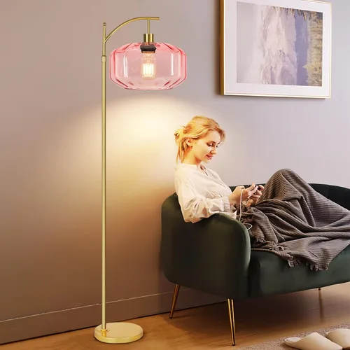 Vista 3 de Lámparas de pie doradas para sala de estar, dormitorio, lámpara de pie de cristal con control remoto y pantalla rosa, lámpara de pie regulable
