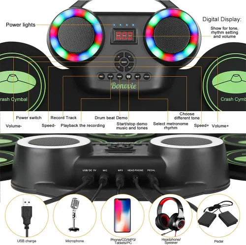 Vista 3 de Kit de batería electrónica, batería digital enrollable portátil con 9 almohadillas, MIDI, DTC, altavoces duales integrados, batería recargable
