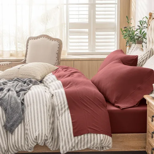 Vista 47 de PURE ERA - Juego de sábanas punto jersey de 4 piezas, 100% algodón, supersuaves, cómodas, transpirables, para colchones de hasta 20 pulgadas, Gris