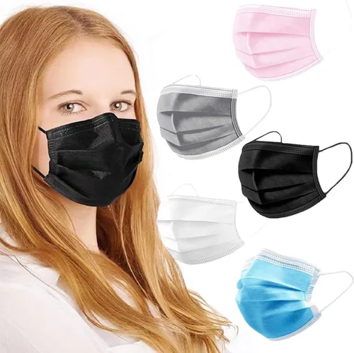 Vista 10 de Paquete de 100 cubrebocas, desechable, negras, 3 capas, mascarillas con elástico suave para las orejas